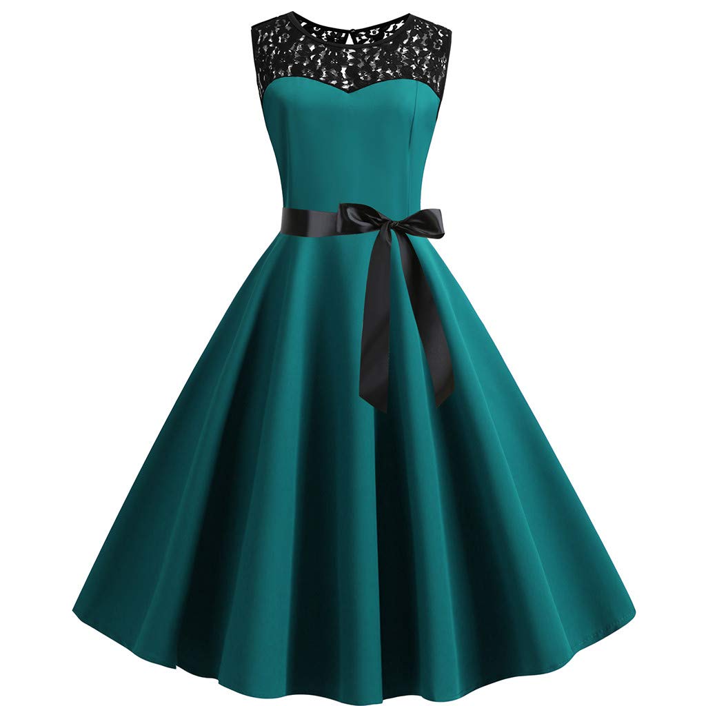 Kanpola Robe vintage annees 50 en dentelle elegante Rockabilly Robe de soiree pour femme Robe de soiree Robe de cocktail Longueur genoux Manches courtes/manches courtes - Vert - 40