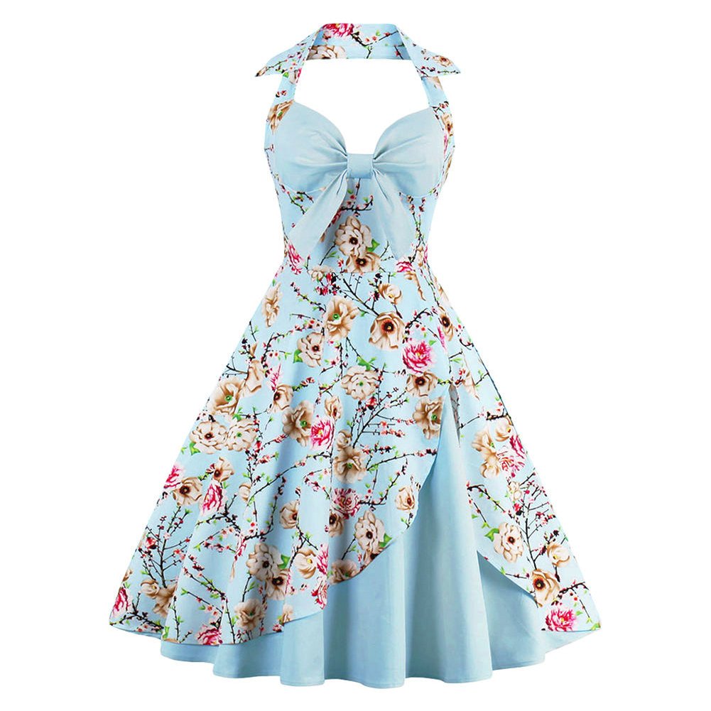Robe vintage en coton sexy pour femme, style annees 50, dos nu, rockabilly, imprime floral, ourlet the, fête, patineur, bal de fin d'annee, cocktail, soiree grande taille 38-50