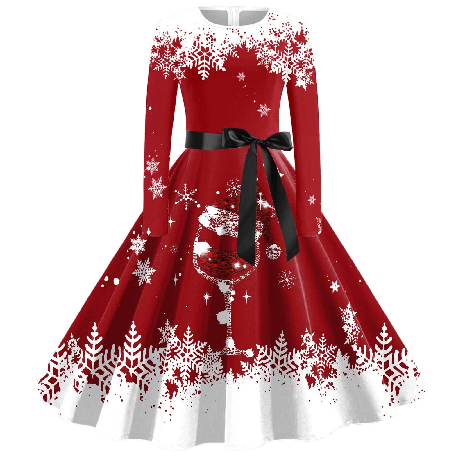 Robe Noël Femme Chic et Elegante Imprimé Verre à Vin Robe Noel Drôle Rudolph Renne Robes Trapèze Vintage Années 1950 Retro Rockabilly Pin Up Élégante Robes Fancy Dress Christmas Déguisements Noel