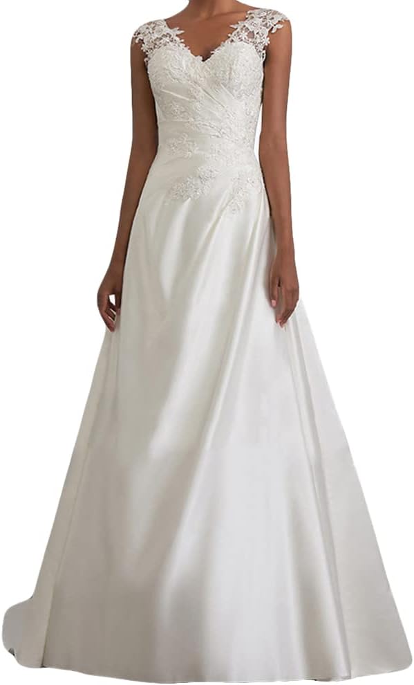 Robe de Mariée Femme Longue Col en V en Dentelle