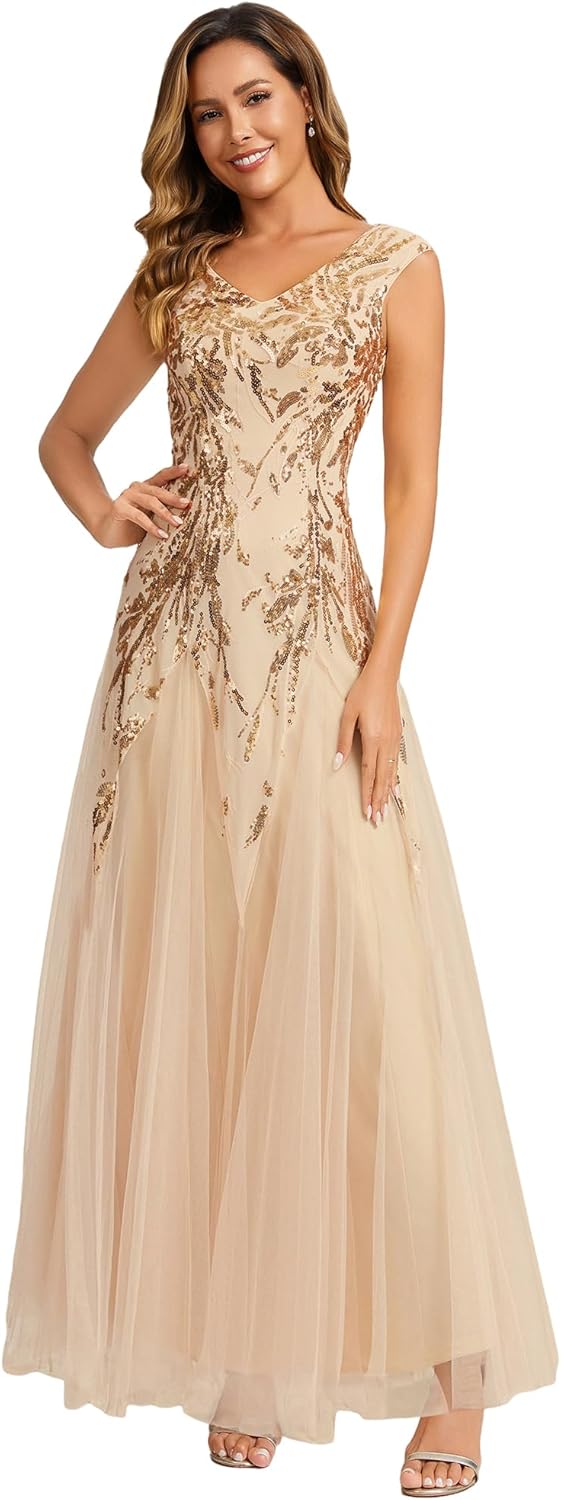 Robe de Soirée Col en V sans Manche Paillette