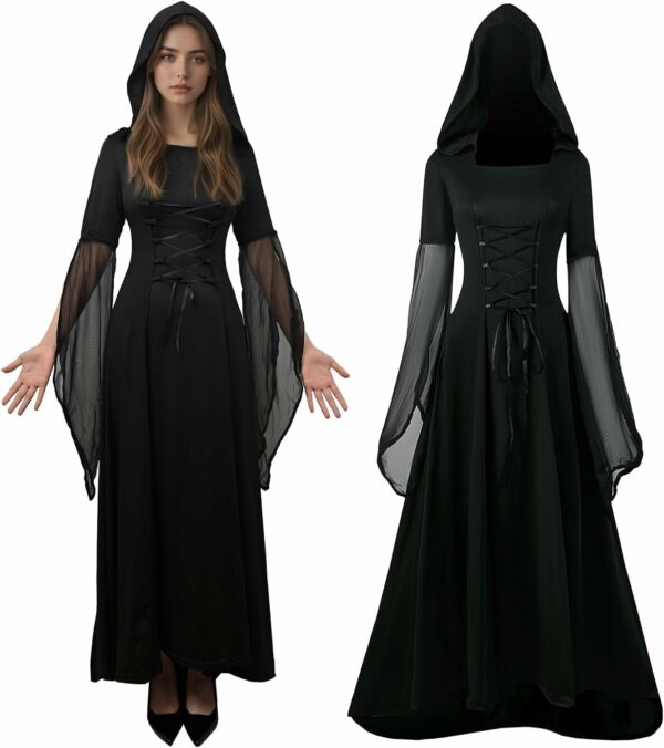 Robe médiévale à capuche noire avec robe de